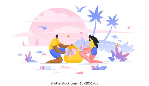 Volunteers cleaning beach flat vector illustration. Man and woman, social workers cartoon characters collecting trash in bag. Public area, dirty park cleaning. Nature protection and conservation