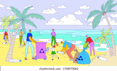 Volunteers cleaning beach, people environment activists collecting garbage together, vector illustration. Men and women cartoon characters, social activity participation. Clean nature from plastic