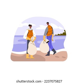 Voluntarios limpiando la playa de basura, basura. Gente, bolsa, basura recolectada de la costa. Actividad voluntaria en el entorno natural para la ecología. Ilustración vectorial plana aislada en fondo blanco