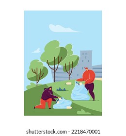 Volunteers Cleaning City Street Or Park From Garbage. Flat Vector Illustration. Happy People Gathering Trash At Park Territory With Containers, Bags, Rake. Recycling, Waste Sorting