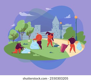 Volunteers cleaning city street or park from garbage. Flat vector illustration. Happy people gathering trash at park territory with containers, bags, rake. Recycling, waste sorting, ecology concept