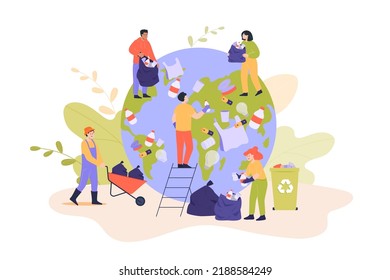 Volunteers cleaning earth from garbage flat vector illustration. Eco activists collecting waste, plastic water bottles and trash, taking care of globe, planet. Ecology, environment, recycling