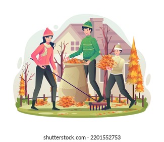 Volunteers are cleaning the fallen leaves of autumn. Young people collect and clean the fallen foliage leaves in the park. Vector illustration in flat style