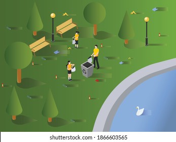 Volunteers cleaning garbage. Group of young people collecting waste and trash into bag isometric 3d flat vector concept for banner, website, illustration, landing page, flyer, etc