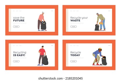 Volunteers Cleaning Garbage Landing Page Template Set. Men or Women Characters Working, Volunteering, Collecting Trash to Sack, Social Charity, Ecology Protection Concept. Cartoon Vector Illustration