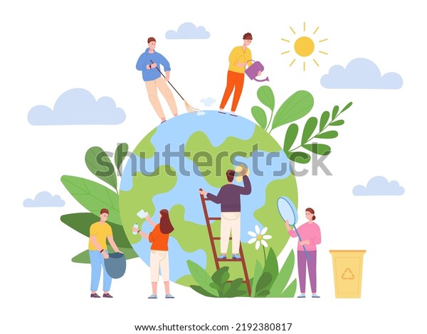 Volunteers cleaning globe. Ecologic activists clean\
green planet, volunteers helping care nature of earth, world day\
plant environmental eco cooperation vector illustration of activist\
care and save