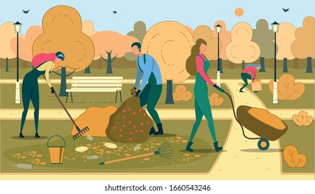 Volunteers Cleaning Park Flat Vector Illustration. Environment Protection Activists Collecting Garbage in Recreation Area. Janitors Gathering Fallen Leaves in Autumn Park Cartoon Characters