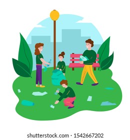 Volunteers Cleaning Up The Park Near The City. Happy Family  Picking Up The Plastic Waste For The Recycle. Little Kids Help Parents. Cartoon Flat Characters Concept On White. Vector Illustration.