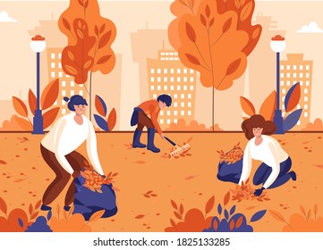 Volunteers Cleaning Park. People Gathering Fallen Leaves In Autumn Park. Vector Illustration.