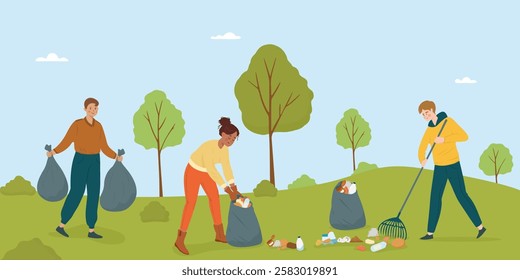 Volunteers cleaning park, picking up trash, and raking leaves. Group of people collect trash in litter bags, flat vector illustration. Outdoor teamwork promoting environmental care.