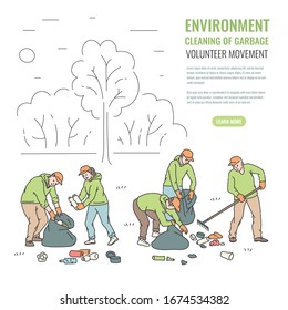 Volunteers cleaning park from waste. People pick up trash in bags vector line illustration of solving environmental problems.