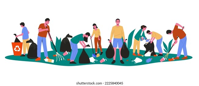 Volunteers cleaning up parks. Cartoon people characters collecting litter picking plastic waste raking garbage, eco voluntary activist. Vector flat illustration. Man and woman with rubbish bags