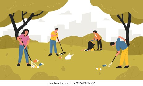 Volunteers cleaning up parks, pick up garbage. Vector of garbage in park, illustration of volunteer rubbish, environment ecology