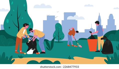 Volunteers cleaning up parks, pick up rubbish. Illustration of rubbish in park, garbage and trash, environment cleaning and volunteering