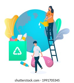 Volunteers cleaning planet Earth globe collecting garbage, watering plants, flat vector illustration. Save planet, environment, ecology, nature protection.