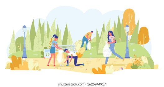 Volunteers Cleaning Rest Area in Green City Park from Garbage. Man and Woman Putting Trash into Bags for Recycling in Tanks. Nature and Environment Protection. Vector Flat Cartoon Illustration