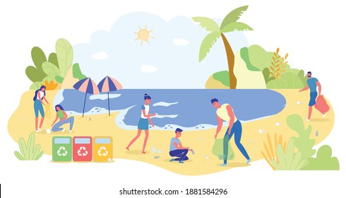 Volunteers Cleaning Sea Beach Area Collecting Trash into Bags and Recycling Tanks. Ecology Safe and Protection. Cartoon Volunteering Man and Women Clean Up Wastes on Ocean Coast. Vector Illustration