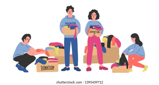 Volunteers. Clothes donation. Group of female and male volunteers sorts out clothes in cardboard donate boxes. Vector illustration.