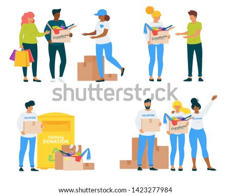 Volunteers with clothing donations vector illustrations set. Voluntary center social workers flat characters pack. Young students sharing garment, charity isolated cliparts. Philanthropy and charity
