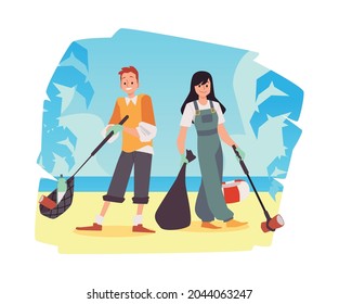 Volunteers at coastal cleanup event. Banner with volunteering young people on beach collecting trash, flat vector illustration isolated on white background.