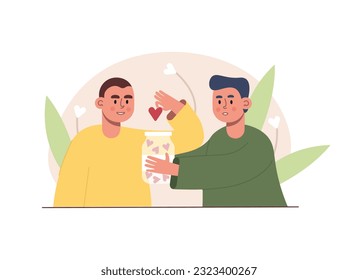 Volunteers collect charitable donations. Charitable fund to support needy. Volunteer activity of young people. Small actions for big cause. Charity and financial support