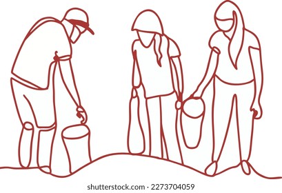 Volunteers collect garbage
vector illustration
one line
simple drawing