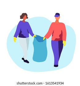 Volunteers collect garbage. A woman and a man carry a bag of waste. The image is isolated on a white background. Flat vector illustration.