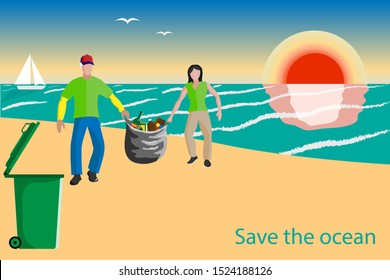 Volunteers collect and throw garbage on the beach - flat vector illustration