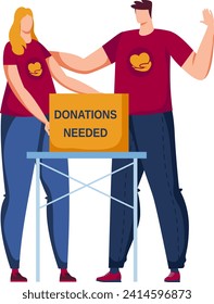 Volunteers collecting donations with a sign that reads 'DONATIONS NEEDED'. Male waving, female holding a sign, both wearing heart logo. Charity event and act of giving back vector illustration.