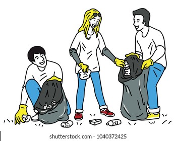 Volunteers collecting garbage for community cleanup, waste collector. Outline, linear, thin line art, hand drawn sketch design, simple style. 