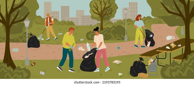 Voluntarios recolectando basura en bolsas en el parque de la ciudad. Ilustración vectorial del concepto de medio ambiente limpio para personas