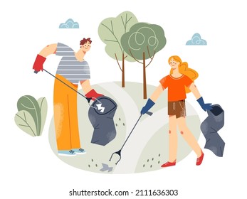 Volunteers collecting garbage and paper trash in plastic bags vector illustration. Cartoon boy and girl friends work with rake outdoor, couple ot teens cleaning forest or park to care environment