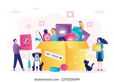 Voluntarios recolectando bienes en cajas de donaciones. Recaudación de fondos, voluntariado y asistencia a los animales. Dinero y donación de comida para mascotas. Alimento para perros y gatos sin hogar. ilustración vectorial plana