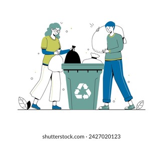 Voluntarios recogiendo y clasificando la basura, cuidando el medio ambiente. La gente está sacando basura. Ilustración del Día Mundial del Medio Ambiente