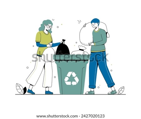 Volunteers collecting and sorting garbage, Taking care of the environment. People are taking out trash. World environment day illustration