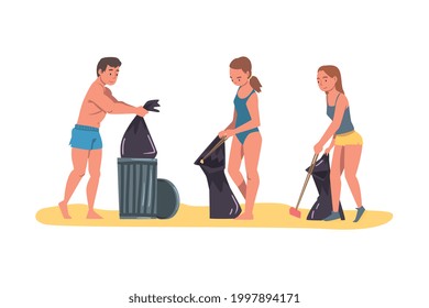 Volunteers Collecting Trash on Beach, Man and Women Cleaning Beach from Garbage, Ecology Protection Concept Cartoon Vector Illustration