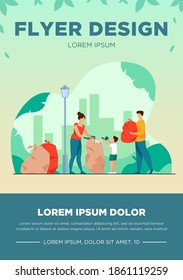 Volunteers community cleaning garbage flat vector illustration. People working in team for city ecology protection. Environment, nature and clean planet concept