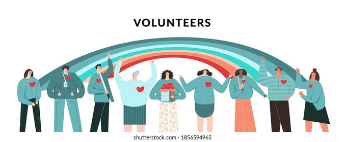 Volunteers community concept. Group of diverse people volunteers. Rainbow as symbol of hope, help, charity and support. Teamwork, network and unity. Flat vector cartoon illustration isolated on white 