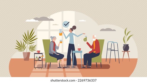 Volunteers companionship to elderly or retirement welfare tiny person concept. Assistance and togetherness partnership for old seniors vector illustration. Be companion for grandparents happiness.