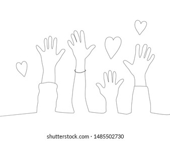 Volunteers concept. Different up hands. Vector illustration.