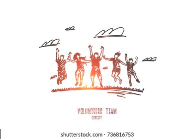 Volunteers concept. Hand drawn group of people volunteers. Happy people doing charity together isolated vector illustration.