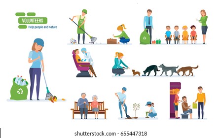 Volunteers concept. Help people and nature. Set with young people helping elderly people, animals, planting and recycling rubbish, cleaning city. Vector illustration isolated on white background.