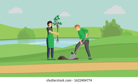 Volunteers couple planting tree color illustration. People gardening in park near river, man digging and woman holding sapling cartoon characters. Activists working outdoors, greening planet together