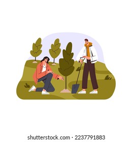 Volunteers couple planting tree sapling in nature, park. Eco activists, man and woman at voluntary work for ecology, environment, reforestation. Flat vector illustration isolated on white background