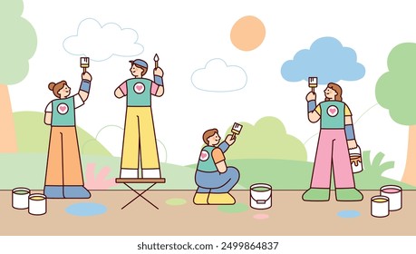 Los voluntarios están decorando las paredes dibujando imágenes. delinear la Ilustración vectorial simple.