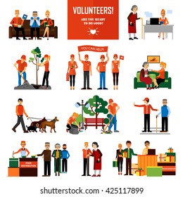 Volunteers decorative icons set with young people helping elderly and animals planting and cleaning city flat vector illustration svg