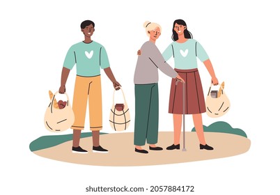 Volunteers deliver food to elderly. Man and woman help people in retirement and bring them hygiene products. Charity and donations. Cartoon flat vector illustration isolated on white background