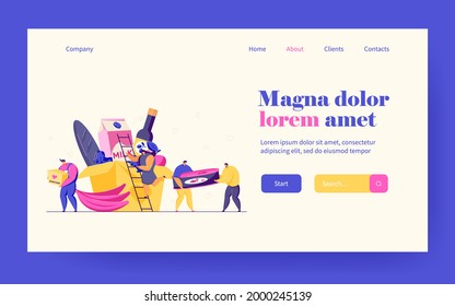 Volunteers delivering groceries. Tiny charity people sharing food help boxes flat vector illustration. Humanitarian aid, social responsibility concept for banner, website design or landing web page