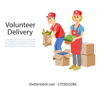 Volunteers dellivery of food in cardboard donation box, products for help to poor or ill pandemic people in quarantine, support social care, volunteering and charity vector illustration. Voluntary.