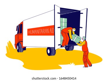 Volunteers Distribute Boxes With Humanitarian Aid. Distribution Of Food And Basic Necessities To Refugees, Poor People In Need And Vulnerable Social Groups. Cartoon Flat Vector Illustration, Line Art